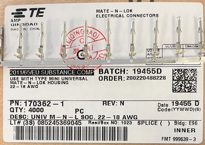 170362-1 - TE/AMP - Mini-Universal MATE-N-LOK, Power Contacts, Contact,  Operating Voltage 600 VAC, Operating Voltage 600 VDC, Pre-Tin, 22 – 18AWG  Wire 